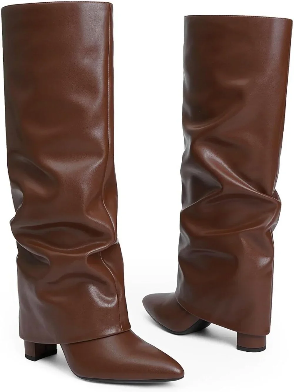 Women Brown Slouchy Pointed Toe Chunky Heel Faux Leather Over The Knee High Boot